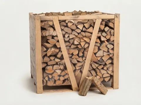 Pallet gekliefd essen haardhout in een houten kist